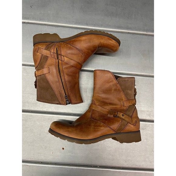 Teva De La Vine Boots Womens 8.5 Brown Leather Boots Side Zip Retro Steampunk - Picture 1 of 12